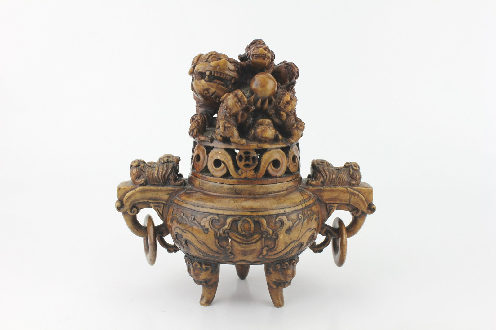 CHINESE CARVED SOAPSTONE CENSER: Approx. 8 X 7 1/2 X 4 3/4 in..