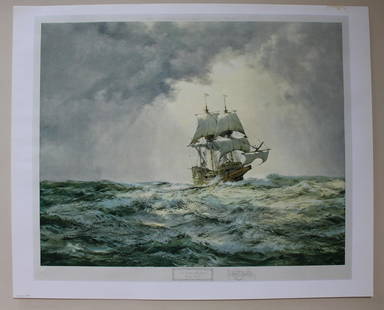 MONTAGUE DAWSON. "THE GALLANT MAYFLOWER," LITHO: Montague Dawson "The Gallant Mayflower" lithograph, signed, bearing blind stamp lower left, Approx. 29 X 35 1/2 in.