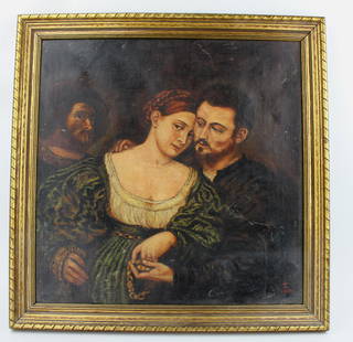 UNKNOWN OIL ON CANVAS, "VENETIAN LOVERS": After Paris Bordone. Monogrammed and dated 1947 lr, framed. The painting size: 16 1/2 X 16 1/2 in.; the frame size: 19 X 19 in.