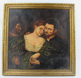 UNKNOWN OIL ON CANVAS, "VENETIAN LOVERS": After Paris Bordone. Monogrammed and dated 1947 lr, framed. The painting size: 16 1/2 X 16 1/2 in.; the frame size: 19 X 19 in. Please see pictures for detailed conditions.