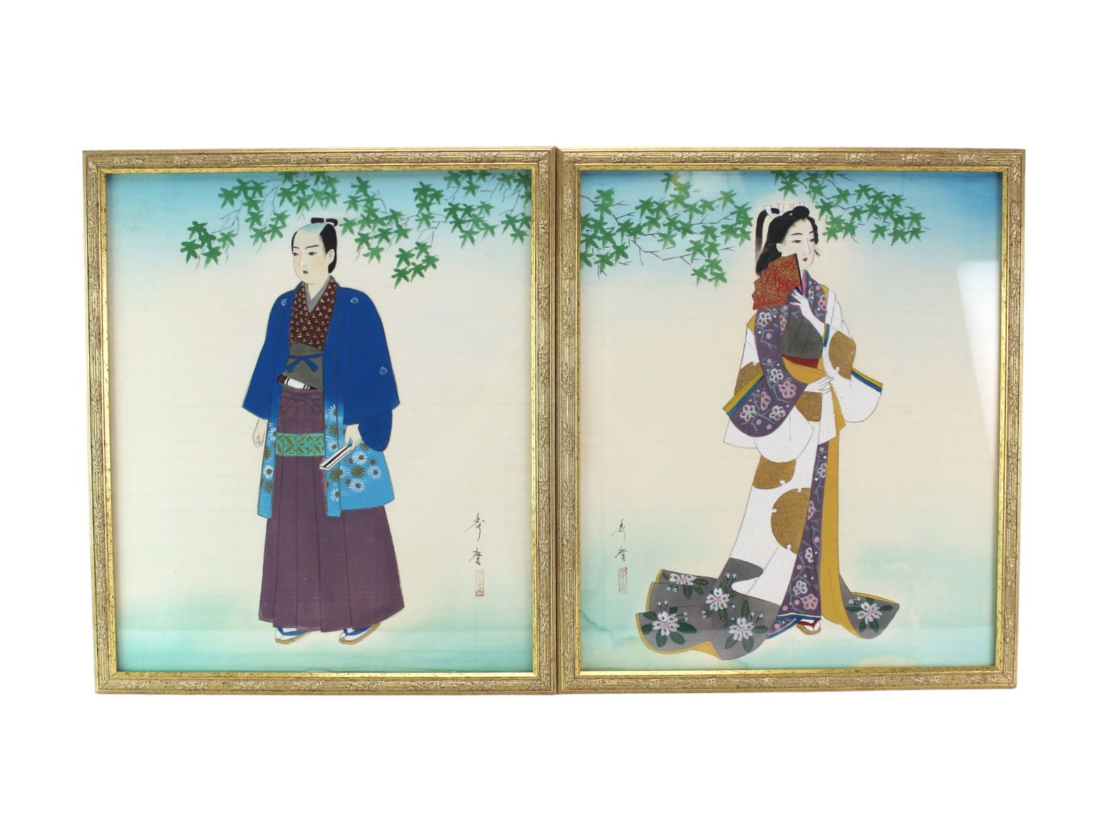 Two Japanese Signed Silk Paintings Geisha & Man (1 of 8)