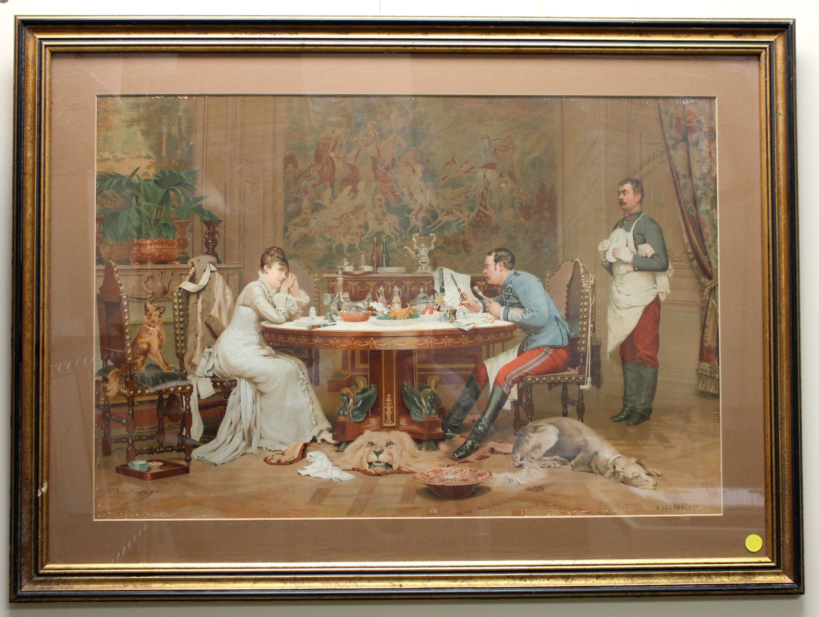 A FRAMED AUGUSTE LEGRAS CHROMOLITHOGRAPH: Original lithography by Auguste Legras (France, 1817 - 1887) from a painting of Louis Auguste Loustaunau "A marriage of convenience". It is written in the bottom left "Aoustaunau" and bottom right "A