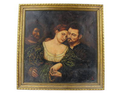 UNKNOWN OIL ON CANVAS, "VENETIAN LOVERS": After Paris Bordone. Monogrammed and dated 1947 lr, framed. The painting size: 16 1/2 X 16 1/2 in.; the frame size: 19 X 19 in. Please see pictures for detailed conditions.