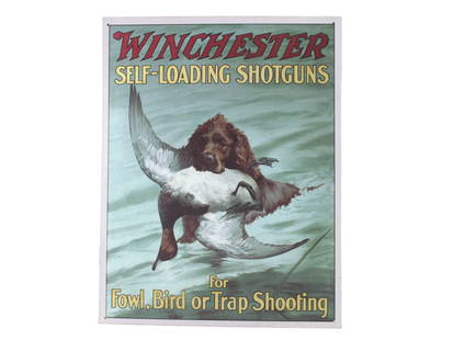 Winchester Self-Loading Shotguns Tin Sign: Winchester Self-Loading Shotgun hunting dog mallard duck tin sign. Dimensions: 12 1/2 X 16 in..