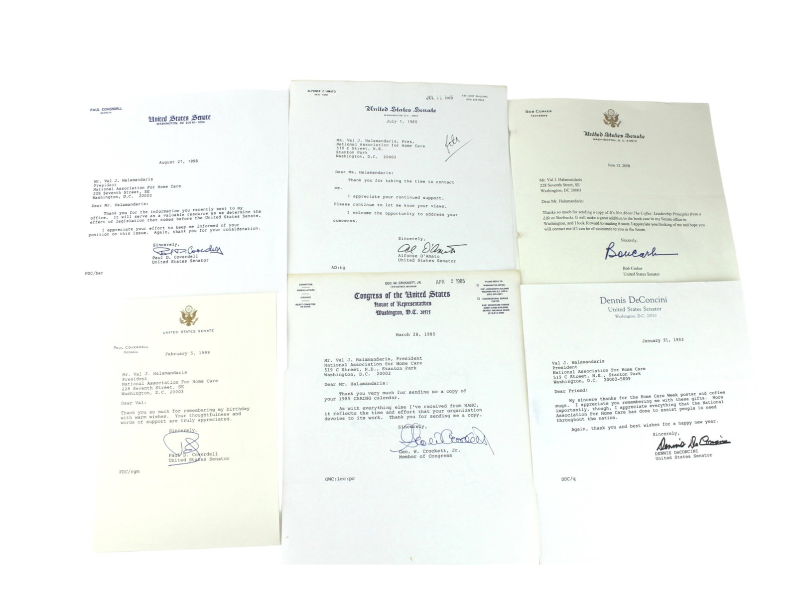 SIX AUTOGRAPHS FROM CONGRESSMEN AND SENATORS: Includes Senator Paul D. Coverdell (2X), congressman Geo. W. Crockett, Jr., Senator Alfonse D'Amato, Sentator Dennis DeConcini, Senator Bob Corker.