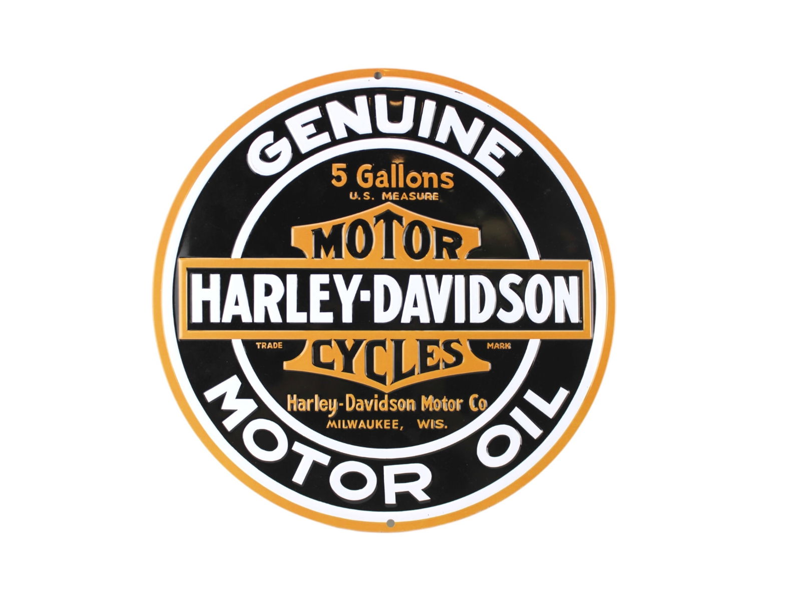 Harley-Davidson Genuine Motor Oil Metal Sign: Dimensions: 14 inches in Diameter.