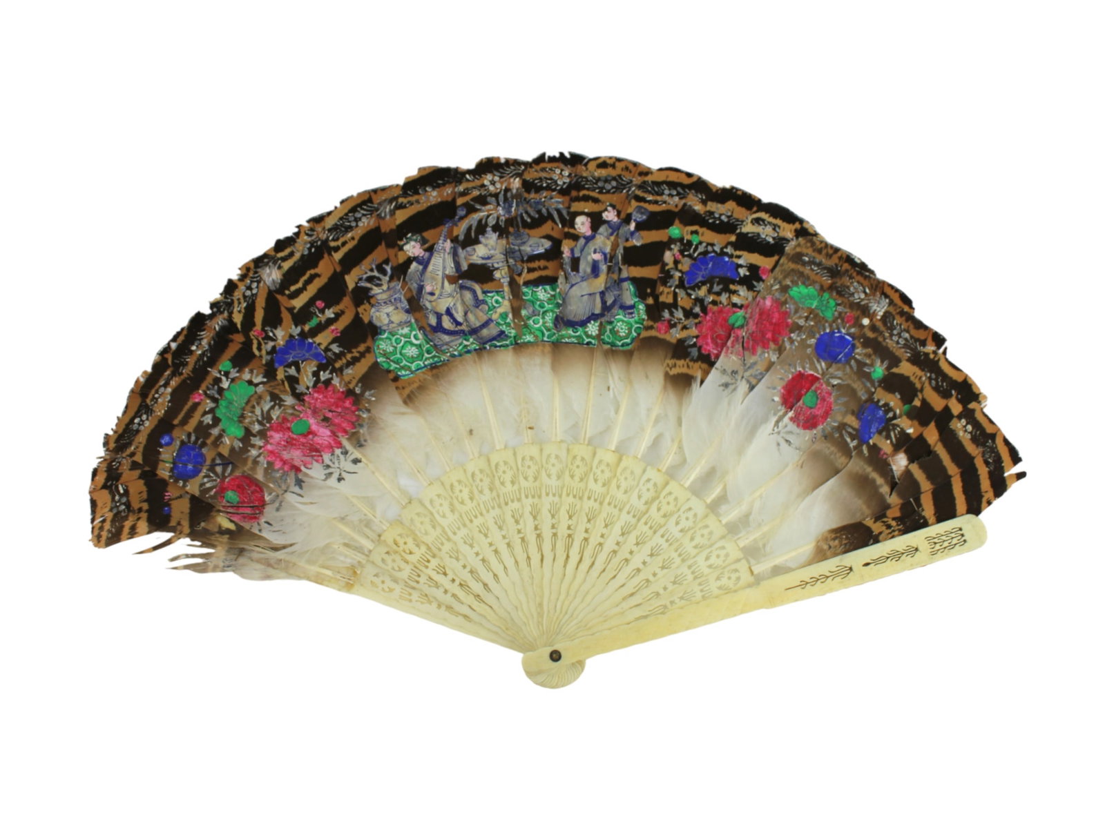 HAND-PAINTED FEATHER FAN WITH BONE STICKS: The fan painting depicts girls playing music instruments in courtyard. 17 inches in width by 10 1/2 inches in height.