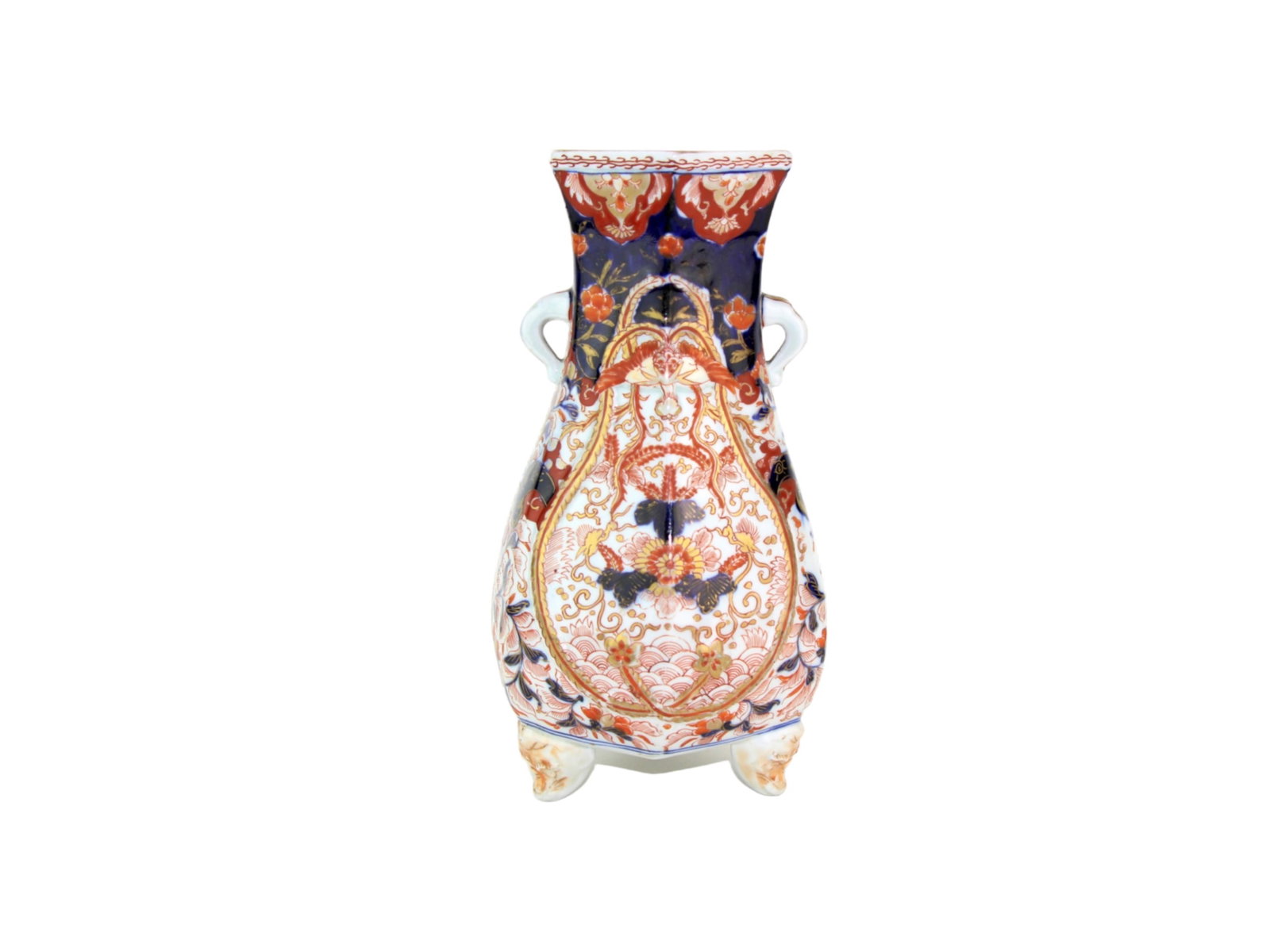 An Japanese Imari Tripod vase: Dimension: 10 1/2 in. (H) X 6 in. (D). No obvious damage.
