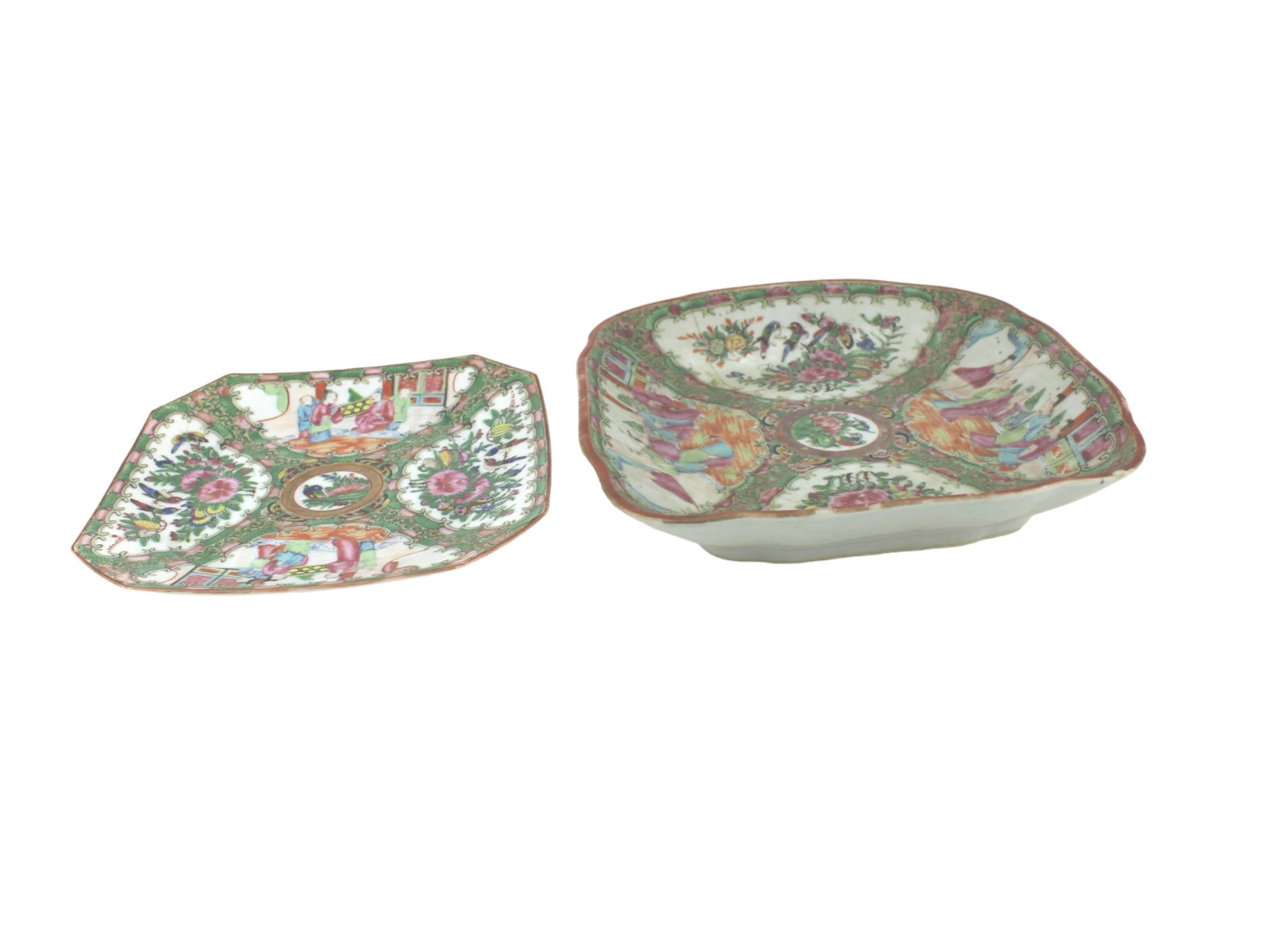 TWO ROSE MEDALLION SEQUARE SERVICE DISH: One measures Approx. 8 1/2 X 8 1/2 X 1 3/4 in., another measures 7 1/4 X 7 1/4 X 1. The larger one was restored with stapled. And with small hairline on the smaller one. Please see pictures for detail