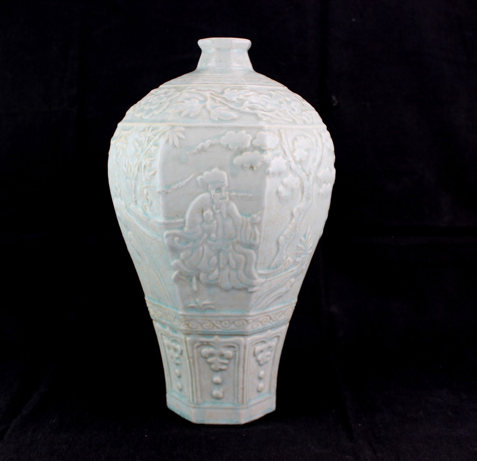 Chinoiserie Octagonal Qingbai Celadon Mei Vase: Dimensions: 13 in. (H) X 8 in. (D).