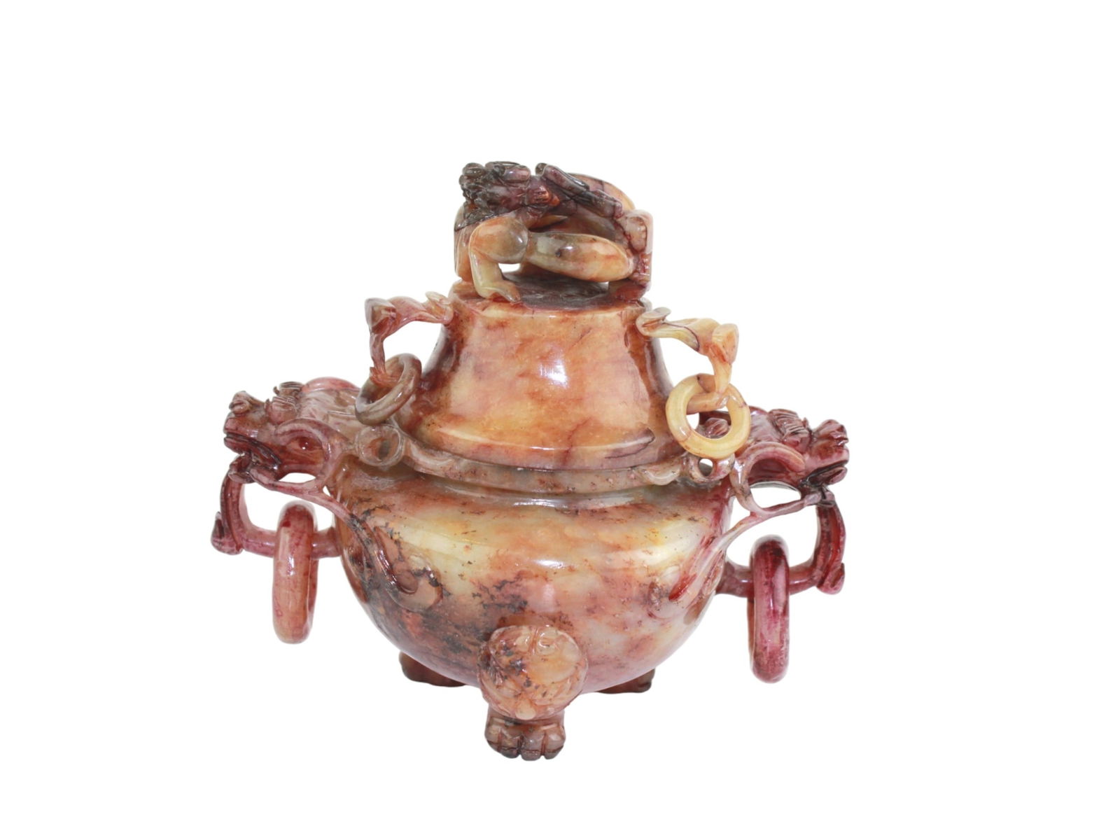 CHINESE CARVED SOAPSTONE CENSER WITH LID: Dimensions: 7 X 5 X 6 1/4 in..