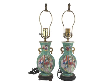 PAIR OF ROSE MEDALLION VASE TABLE LAMPS