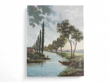 A Signed Porcelain Riverscape Painting Plaque