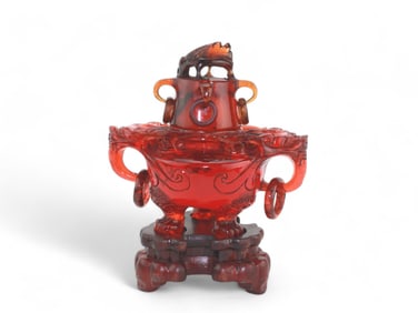 Chinese Amber Style Lidded Censer With base