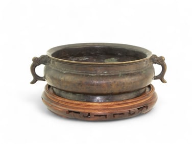Chinese Bronze Censor with Wood Base