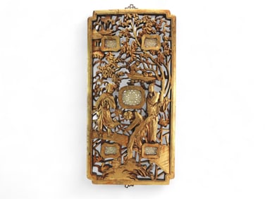 Chinese Gilt Carved Wood Plaque With Jade Inserts