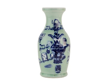 Chinese Bean Green Glaze Blue & White Vase