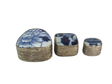 Three Chinese Metal Trinket Boxes With B/W Top