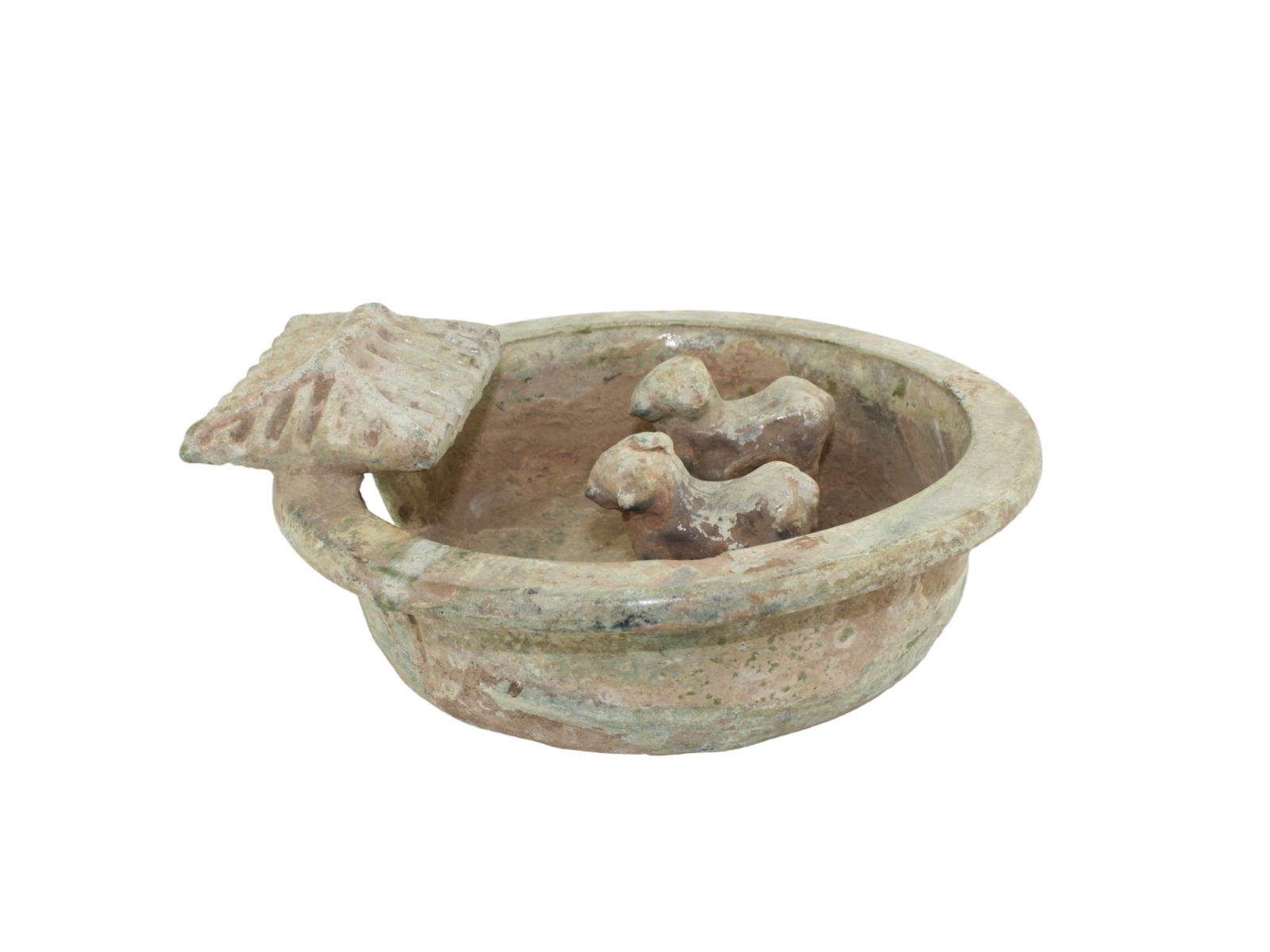 HAN DYNASTY POTTERY SHEEPCOTE MODEL: Dimensions: 9 X 8 1/2 X 3 1/2 in.. Age appropriate wear.