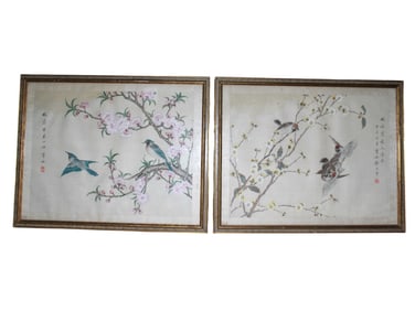 Two W/C Bird & Blossom Paintings By Xu Si-Zhen