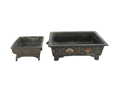 TWO JAPANESE SQUARE BRONZE HIBACHI CENSERS