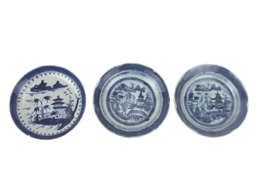 THREE CANTON BLUE AND WHITE PLATES