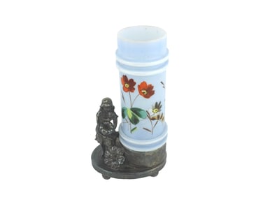 19TH C HAND-PAINTED FLORAL GLASS CYLINDER VASE