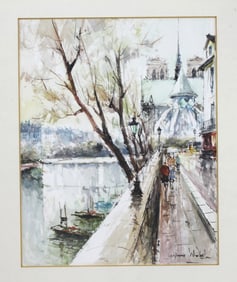 STEPHANE WROBEL, STREET SCENE BY RIVER,  W/C