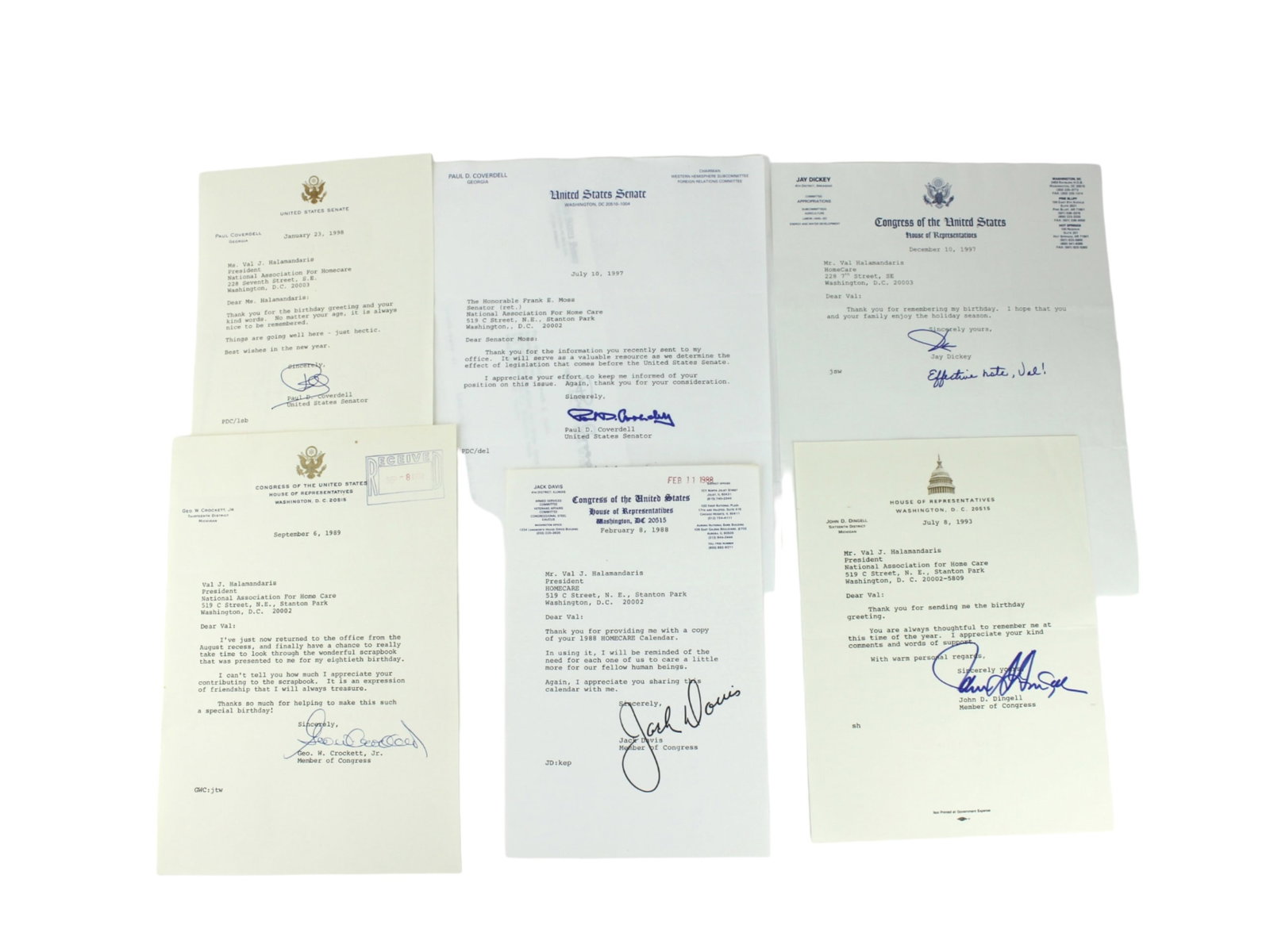 SIX AUTOGRAPHS FROM CONGRESSMEN AND SENATORS: Includes Senator Paul D. Coverdell (2X), Congressman Jay Dickey., Congressman John D. Dingell, Congressman Jack Davis, Congressman Geo. W. Crockett Jr..