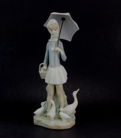 Lladro Girl With Umbrella & Geese Figurines