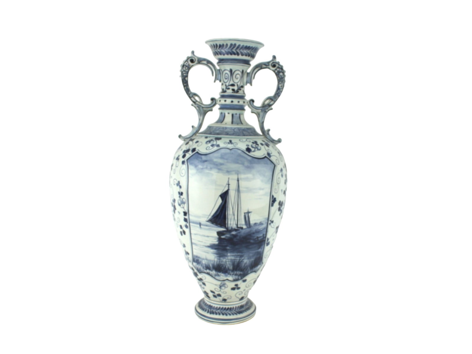 A LARGE ROYAL BONN DELFT B/W VASE: Marked on the bottom. "Royal Bone Delft, 3962/3 277, W42". Engraved number 928. 19 in. H. Age wear.