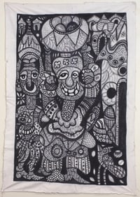 An abstract B/W Painting on Fabric-Tribal Faces