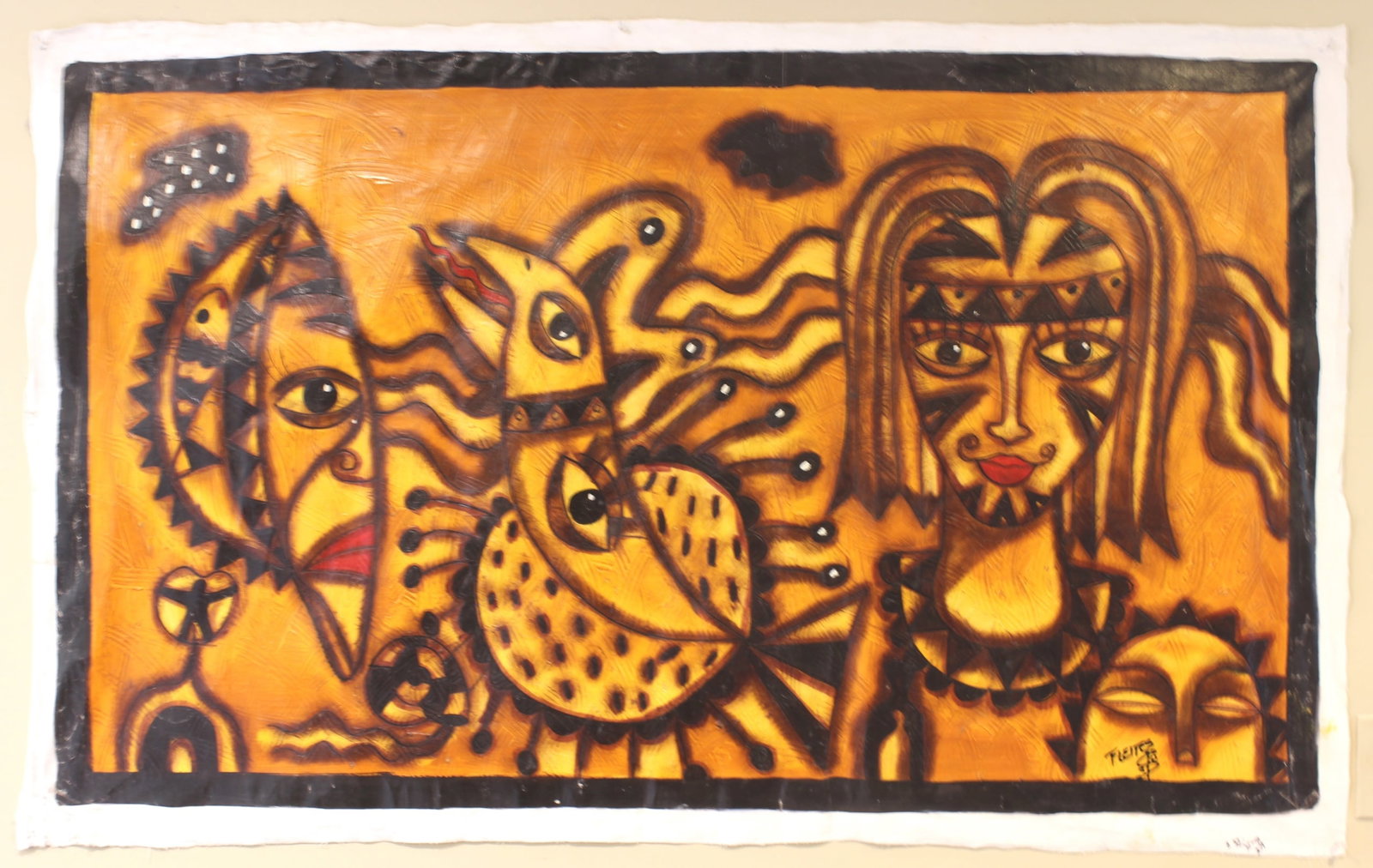Tribal Portraits Oil Painting in Amber Tones: Vibrant oil painting on canvas, measuring 32 inches in height by 54 inches in width. Bold tribal-style faces and motifs are rendered in rich amber, black, and red hues with high-relief textures. Signe
