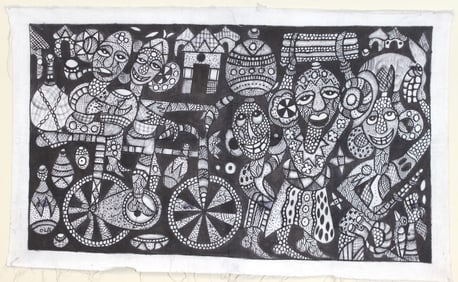African Village Motif in B/W Painting on Textile