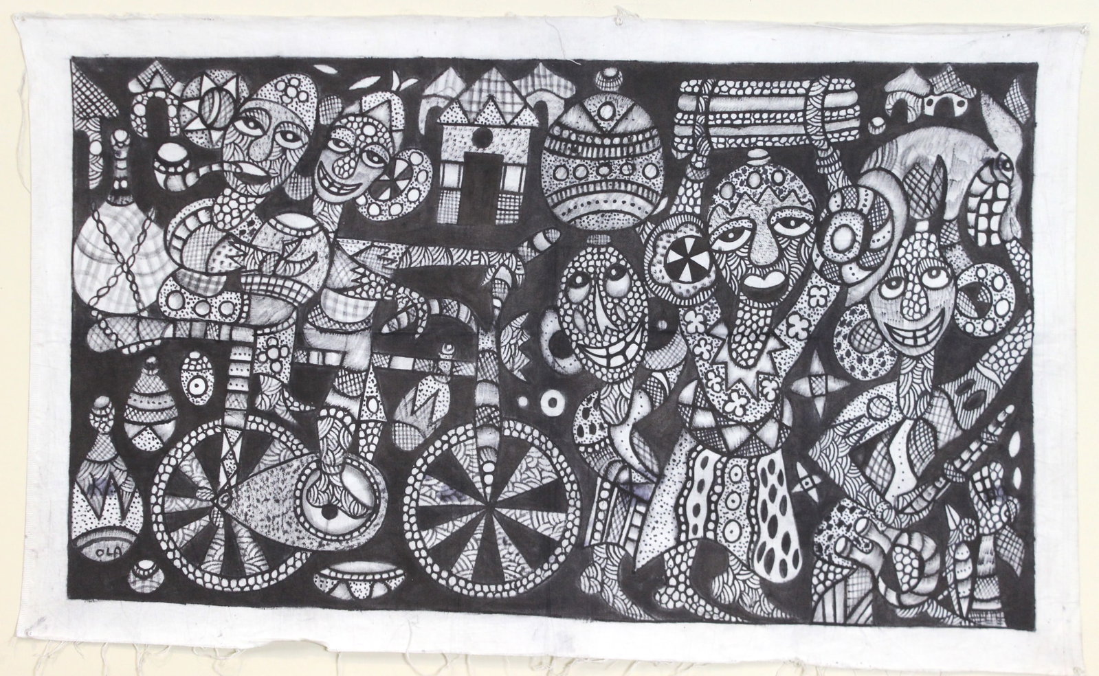 African Village Motif in B/W Painting on Textile: A striking black and white textile painting (27 in. H X 48 in. W) portraying a lively African village scene with symbolic figures, patterned pots, bicycles, and abstract architecture. The detailed mon
