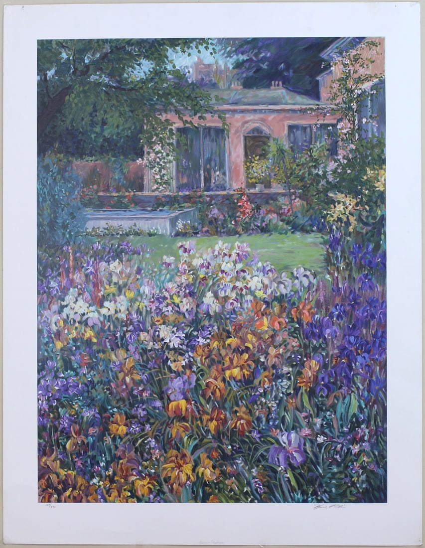 Henri Plisson, Parisian Courtyard, Lithograph: Vibrant floral courtyard lithograph titled Parisian Courtyard by Henri Plisson, signed and numbered 168/370. The richly detailed garden bursts with colorful blooms before a charming European villa. Im