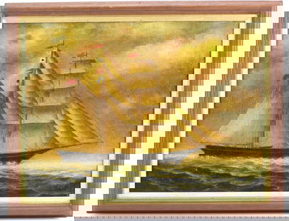 Sailing Ship at Sunset Oil Painting by Taylor: Atmospheric oil painting of a tall ship at sea under glowing sunset skies, signed "Taylor" lower right. Painted on canvas and measuring 12 inches in height by 16 inches in width, housed in a wood fram