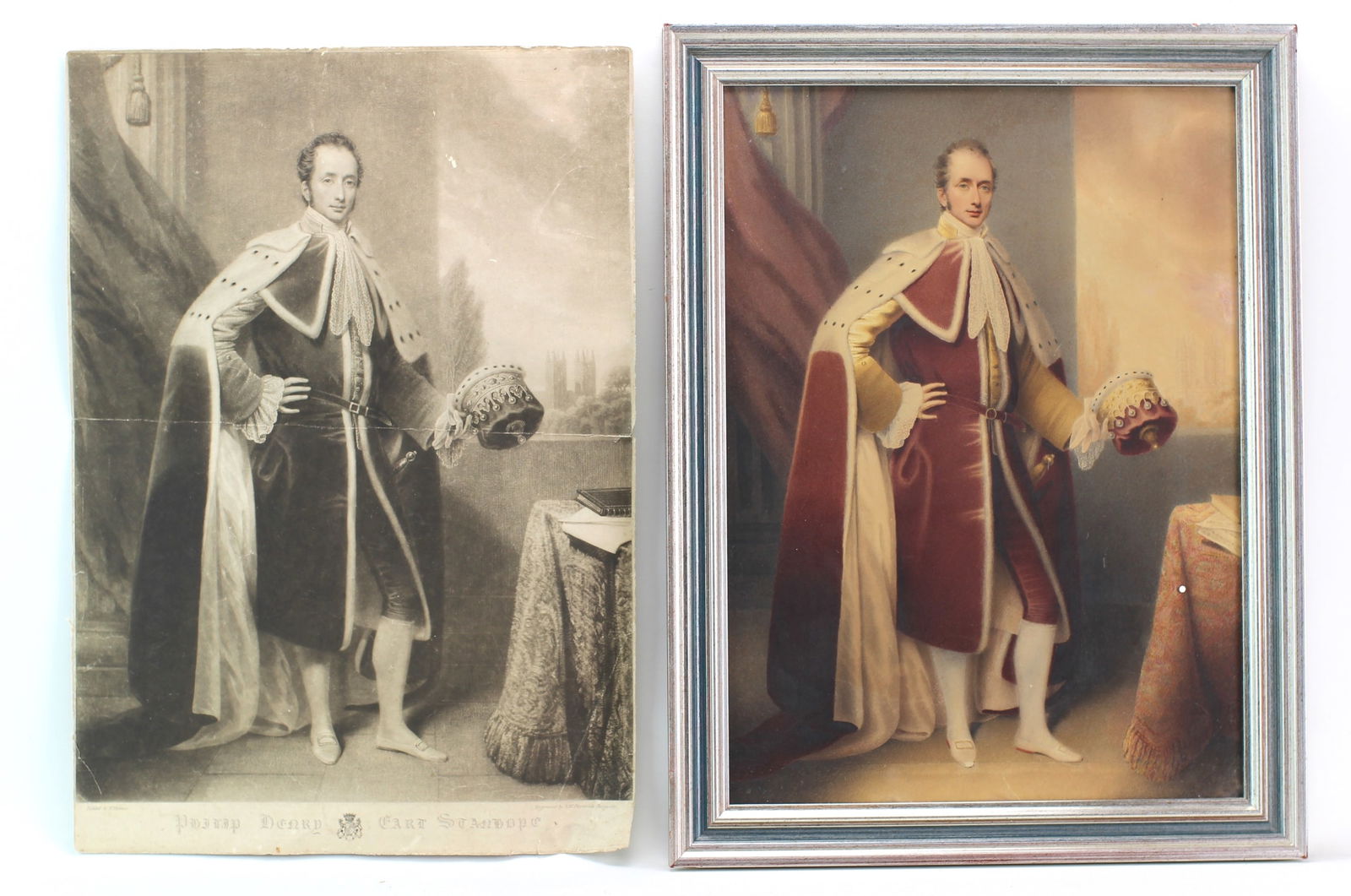 Portrait of Earl Stanhope by William Haines: Original pastel portrait of Philip Henry, 4th Earl Stanhope, created in 1818 by William Haines. The full-length depiction shows the Earl in formal robes with a crown in hand. Signed by the artist in t