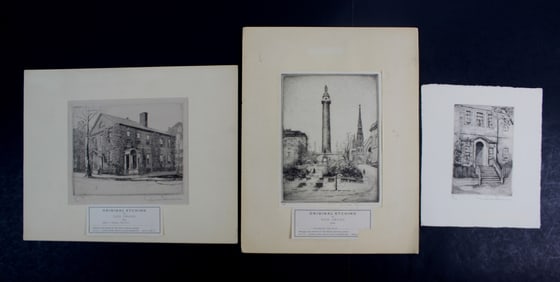 Three Don Swann Etchings–Monument, House, Doorway