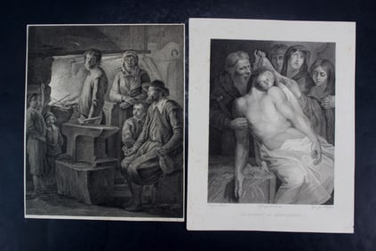 Group of 2 Etchings: Blacksmith & Christ Scene