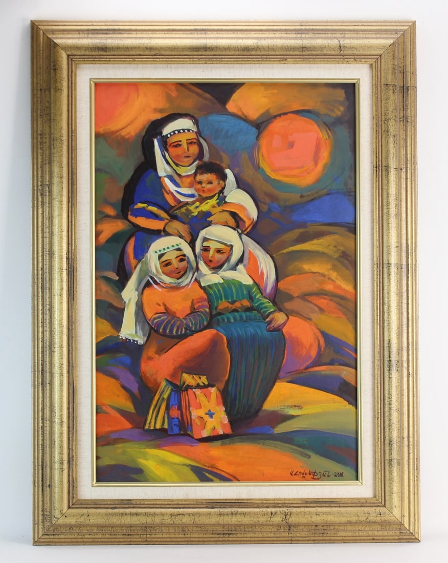 Acrylic Painting of Portrait of Women & Children: Vibrant acrylic painting signed and dated 2001, depicting three women and children in stylized, expressive forms and bold, saturated colors. The work is presented in a gold-tone frame measuring 31 inc