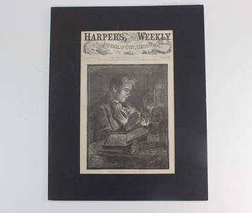 A 1879 Engraving "Edison In His Workshop": An original 1879 wood engraving from Harper’s Weekly, titled "Edison in His Workshop." drawn by H. Muhrman, captures a contemplative Thomas Edison at work, surrounded by tools, books, and early elec