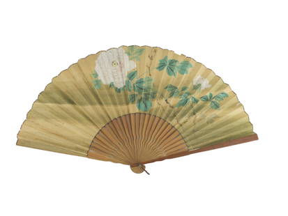 Chinese Hand-Painted Watercolor Folding Fan: A folding fan with hand-painted white peonies and green foliage on paper leaf, mounted on bamboo ribs. Shows age-related wear. Measures approximately 17 in. (W) X 9 in. (H).