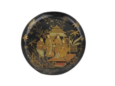 Antique Chinese Lacquer Plate with Court Scene