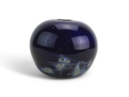 Signed 1972 Art Glass Bud Vase by Coleman: A signed 1972 cobalt blue art glass bud vase by Coleman (possibly be Ohio-based artist Robert Coleman), featuring a rounded form and cosmic-style iridescent design. The vase measures approximately 6 i