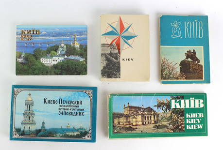 Early Postcards Booklet of Soviet-Era Kiev Ukraine: Set of five vintage Soviet-era postcard booklets showcasing landmarks and cityscapes of Kiev (Kyiv), Ukraine, with multilingual titles and colorful imagery from the mid-20th century. Including one set