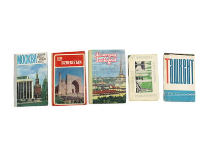 A Lot of Postcards & Booklet for Soviet-Era Cities: Including a booklet with color photos for city of Mockba (Moscow), a booklet of Uzbekistan, a booklet with color photos for city of Leningrad, one set of 12 postcards for city of Petrodvorets, one set