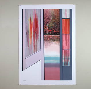 Rolland Golden, Mysterious Parc, Signed Lithograph: Signed lithograph by Rolland Golden, titled "Mysterious Parc," numbered 115/175, featuring an abstract doorway with colorful vertical panels and a serene lake view beyond, blending geometric design wi