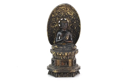 Asian Wood Carved & Lacquered Gilt Sitting Buddha