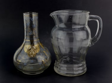 Old Gilded Glass Decanter & Pressed Glass Pitcher